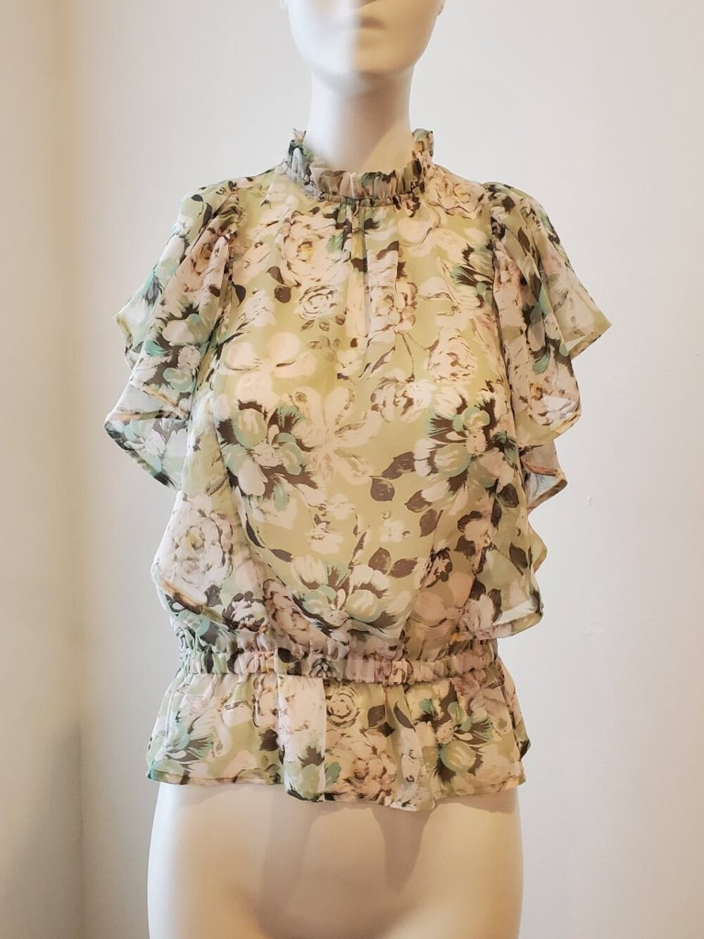 Costes Womens Floral Sheer Ruffle Sleeveless Blouse High Neck Peplum Top Size S